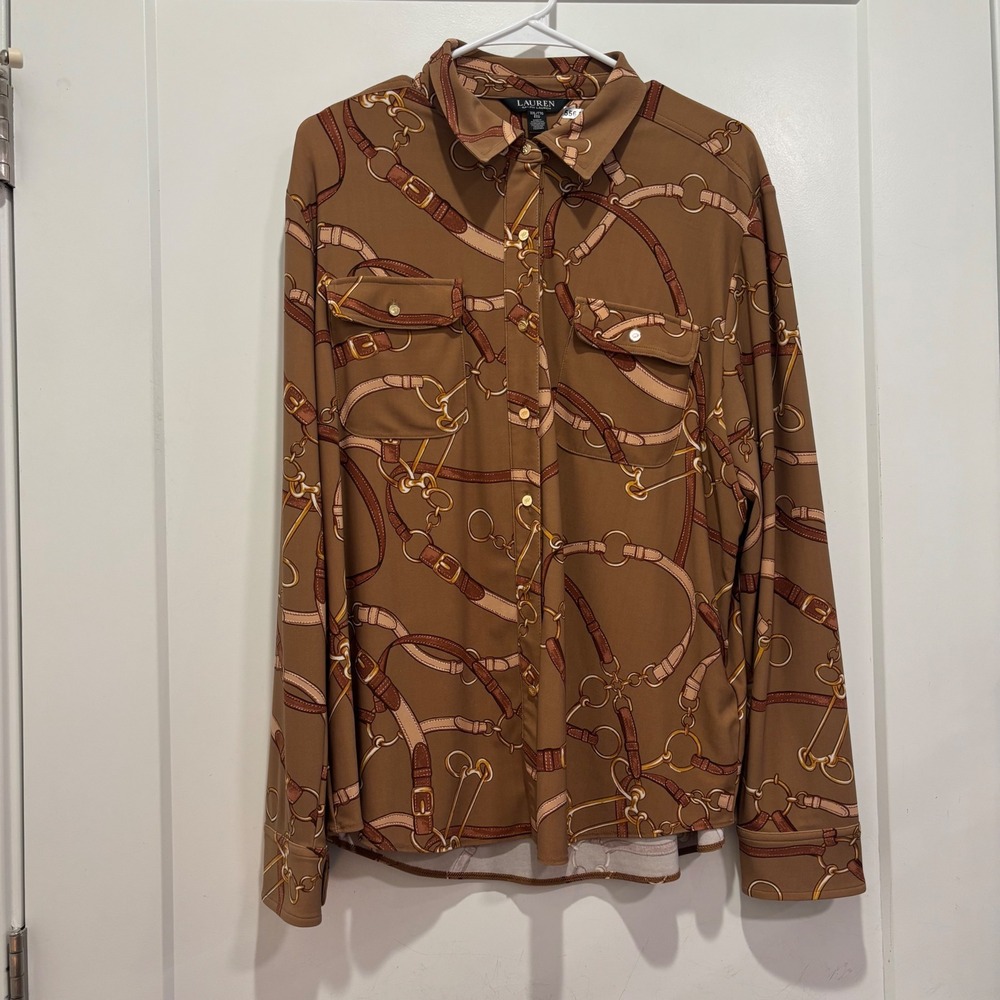 Lauren Ralph Lauren XXL Brown Equestrian Belt Buckle Print Button Down Shirt